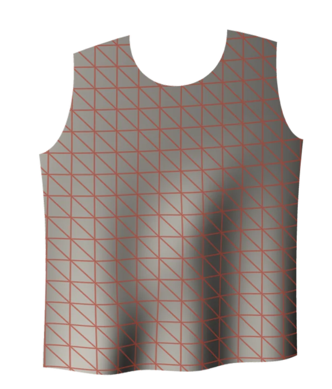 A garment panel with the coarse mesh of a real-time cloth simulation